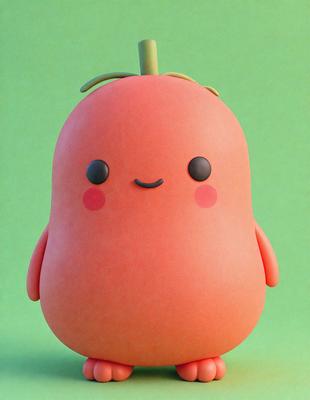 The primary subject of the image is a cartoon-like, smiling, pink and orange fruit, possibly a peach or a tomato, with a green background. The visual style appears to be a digital art or illustration, as the fruit is depicted in a stylized manner. The colors and mood of the image are cheerful and light-hearted, with the bright pink and orange hues of the fruit contrasting against the green background.